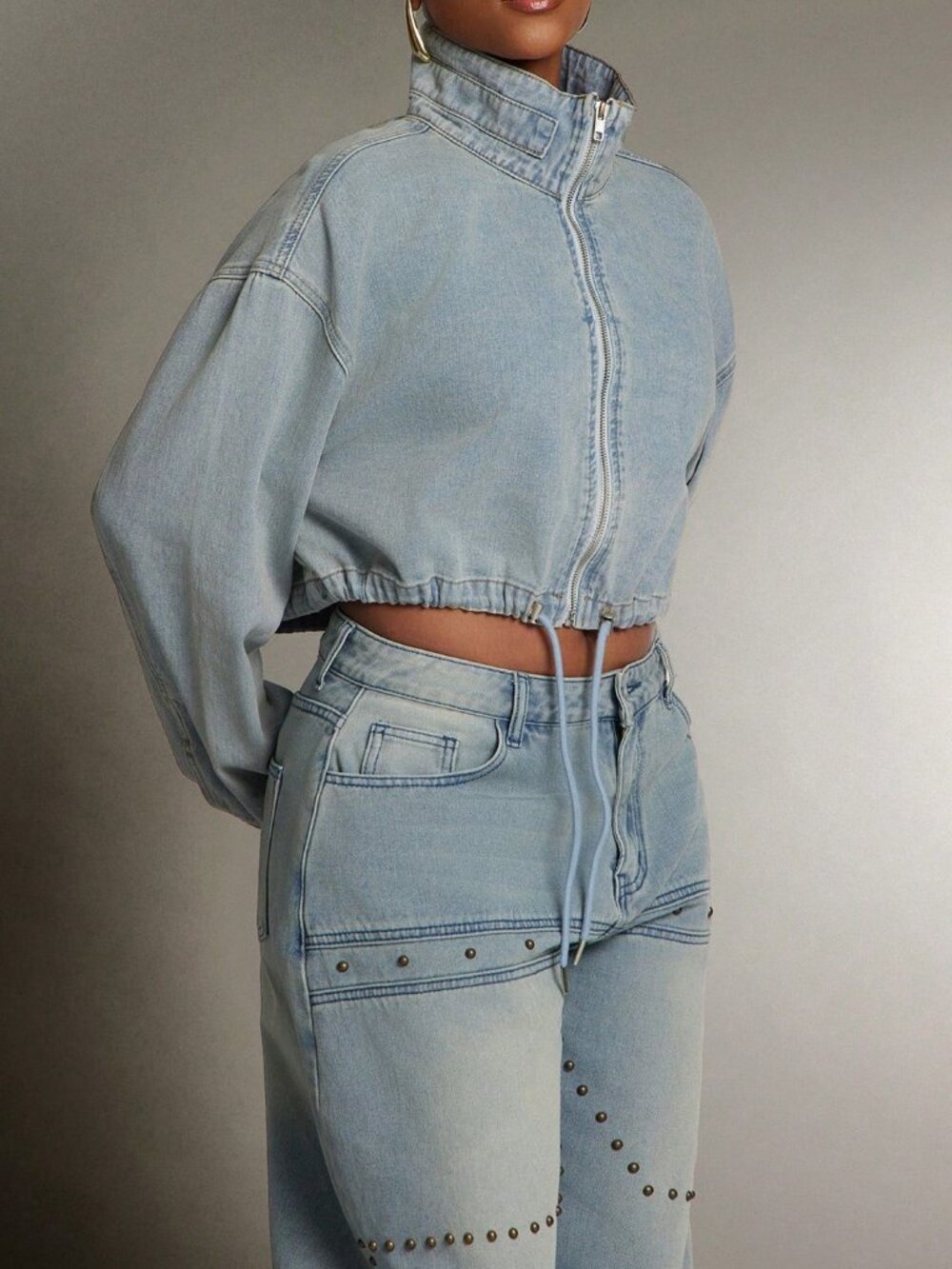 Light Wash Casual Women's Oversized Lapel Zip Front Cropped Denim Jacket - Picture 5 of 6